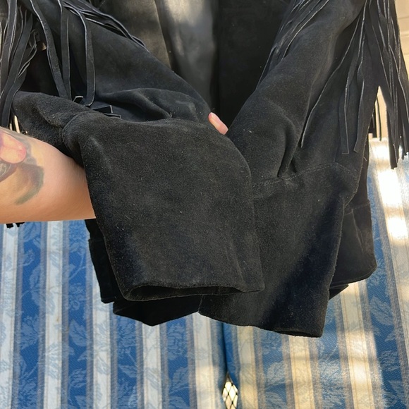 VINTAGE western style fringe black suede leather 90’s coat - Picture 10 of 16